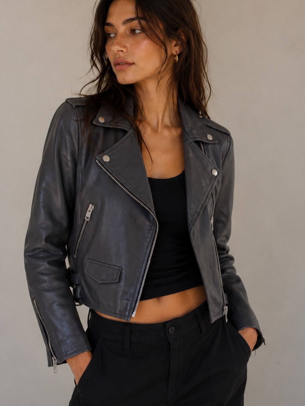 Walter Baker Liz Cropped Moto Leather Jacket Dark Gray XS